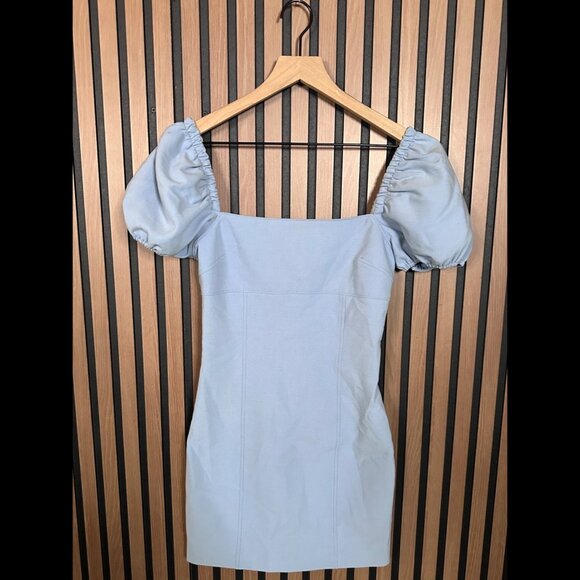 New Cinq a Sept Mini Dress 4 / S Womens Blue Havana Square Neck Puff Shoulder - Picture 1 of 9